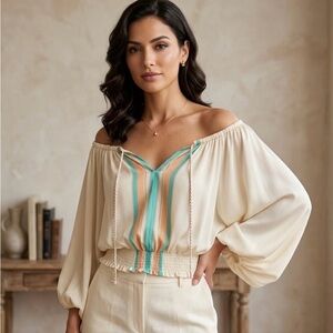 Madison Marcus Cream Blouse with Teal Accents